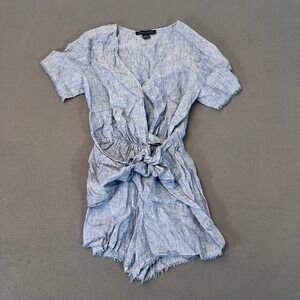 Sanctuary X Anthropologie Womens Sm Linen Blue Wrap Romper Jumper Raw Edge Tie